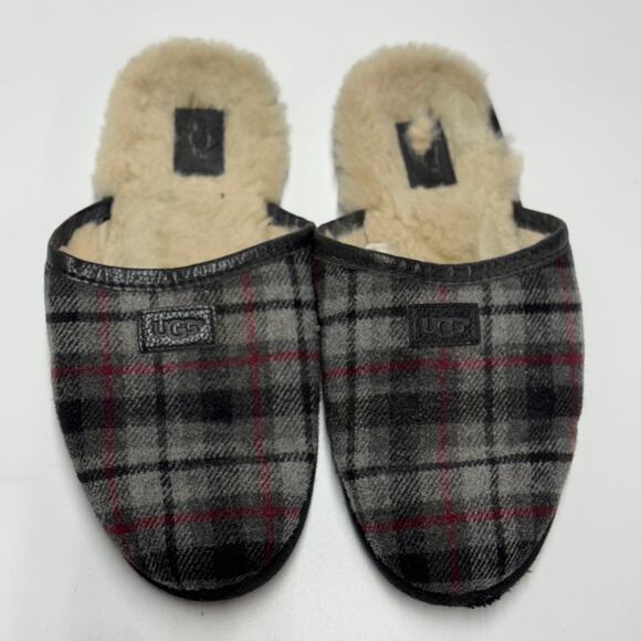 UGG Slippers Mens 12 Grey Plaid Scuff Tartan Fleece Lined - Picture 1 of 11